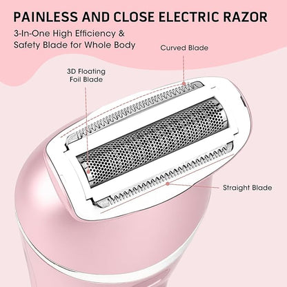 Electric Shavers for Women, 7 in 1 Hair Removal Kit with Epilator Bikini Trimmer Face Razor Body Brush Face Massager Foot Callus Remover, IPX7 Waterproof Lady Razors Set for Legs Armpit Bikini Pubic