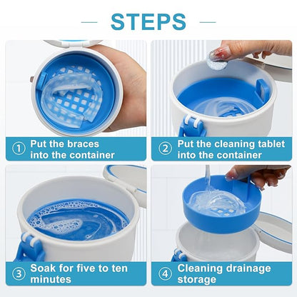 BVN Leak-Proof Denture Bath Cup for Travel, Denture Cup for Soak Dentures, Retainer Cleaning Case with Strainer (White + Blue)
