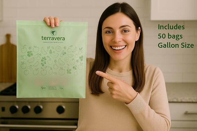 Compostable Trash Bags Flat Top | BPI & OK Home Certified ASTM D6400 Standards | Heavy Duty Kitchen & Yard Waste Bags (13 Gallon Flat Top (50 Count) with Gallon Freezer Bags (50 Count))