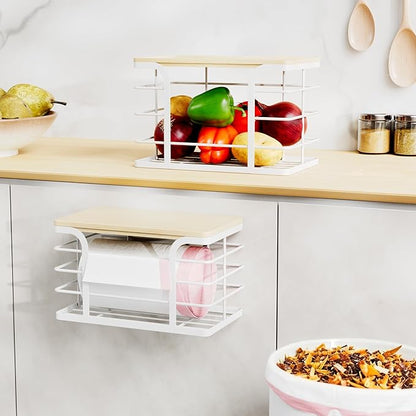 2 Pack Stackable Storage Kitchen Laundry Pantry Organizers,Trash Bag Holder Wall Mount,Garbage Bag Dispenser with Bamboo Top,White Large and Small