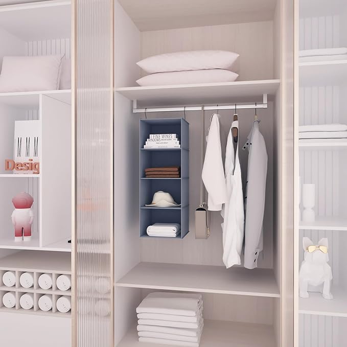 Hanging Closet Organizer, Easy Mount Foldable 4-Shelf Hanging Closet Wardrobe Storage Shelves, Clothes Handbag Shoes Accessories Storage, Washable Oxford Cloth Fabric, Gray