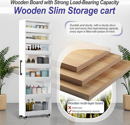 7-Tier Slim Storage Cart, Wooden Rolling Pantry Cabinet with Wheels, Narrow Shelf Organizer for Kitchen, Bakers Rack, Dining Room, Closet, Small Spaces Light Walnut 73.2''H*5.9''W*23.6''D