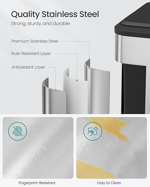 SONGMICS Trash Can, 2 x 8 Gallon (2 x 30 L) Double Garabge Can for Recycling and Waste, Stainless Steel, Soft-Close Lid, Inner Buckets, Wide Sturdy Pedal, Metallic Silver ULTB556E01