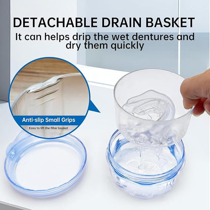 No Leak Partial Denture Case Retainer Bath Box Cup, Denture Soaking Cup False Teeth Holder Box Case with Strainer Basket and Brush - Transparent Blue
