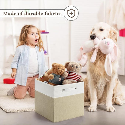 13 x 13 Inch Fine Linen Storage Bins with Handles，Fabric Cube Boxs，Collapsible Basket Organizers for Shelves for Home, Closet Drawers (White/Khaki-6 Pack)
