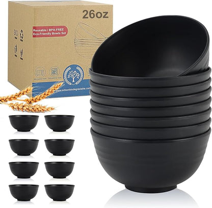 Wheat Straw Bowl Sets,8 PCS Unbreakable Cereal Bowls 26 OZ,Microwave and Dishwasher Safe Bowls,Alternative Plastic Bowl Reusable for cereal,salad,snack and soup (Pure Black)