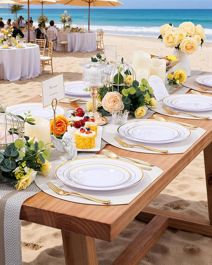 Supernal 60pcs Gold Plastic Dinnerware Set Includes Gold Plastic Plates and Disposable Silverware,Disposable Party Plates and Flatware Service for 12 Guests,Perfect for Birthday,Party,Wedding