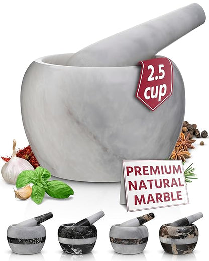 Gusto Nostro Natural Marble Mortar and Pestle Set | 5 Inch - 2.5 Cup Large Mortar Pestle Set for Grinding Herbs, Nuts, Grains | Pesto Grinding and Guacamole Stone Bowl | Marble Spice Crusher