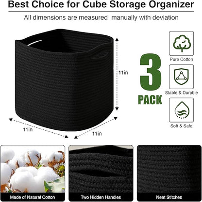 11 Inch Cube Storage Bins, Storage Cube Organizer Bins, Woven Cotton Rope Basket for Storage, Storage Baskets for Organizing Shelves, Square Baskets for Toys, Black (Pack of 3)