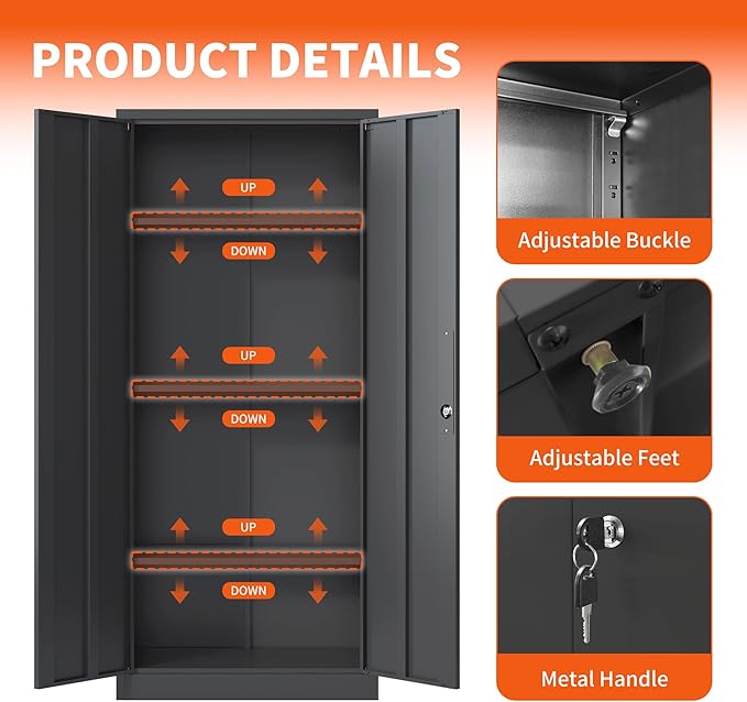 Metal Storage Cabinet with Adjustable Shelves, Garage Tool Cabinet with 2 Lockable Doors for Office, Home, Garage, Require Assembly, Black