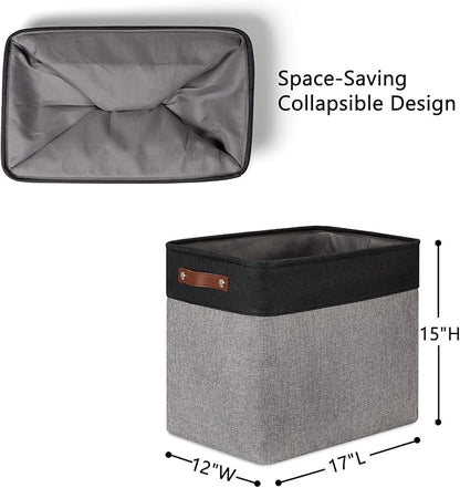 DULLEMELO Large Collapsible Storage Basket/Bin with Sturdy Leather Handles, Fabric Organizer Bin for Storage Clothes, Toys, Books, Office, Bedroom, Closet, Nursery & Laundry (Black&Gray)