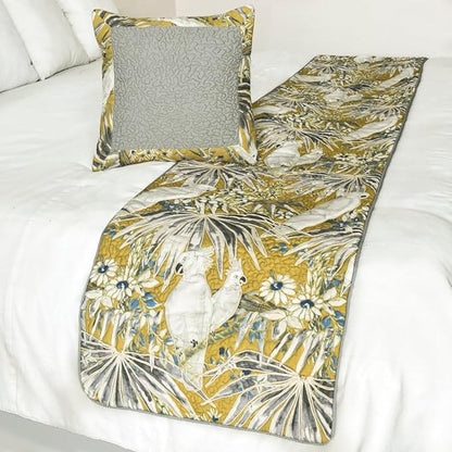 The HomeCentric King/Queen/Twin Grey & Yellow Decorative King 90"x18" Bed Runner with 2 Pillow Cover, Cockatoo Bird & Quilted Bed Scarf on Cotton Fabric - Cockatoo Love