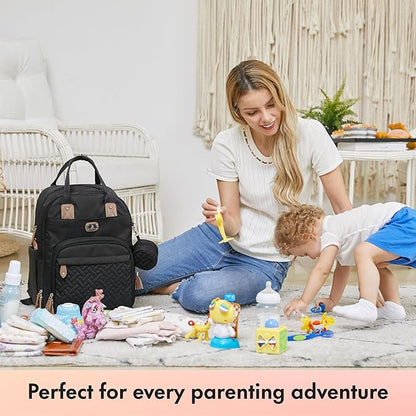 Dikaslon Diaper Bag Backpack with Portable Changing Pad, Pacifier Case and Stroller Straps, Large Unisex Baby Bags for Boys Girls, Multipurpose Travel Back Pack Moms Dads, Black
