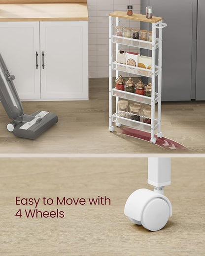 VASAGLE Slim Rolling Cart, 5-Tier Storage Cart, Narrow Cart with Handle, 5.1 Inches Deep, Metal Frame, for Kitchen, Dining Room, Living Room, Home Office, Oak Beige and Classic White ULRC034W09