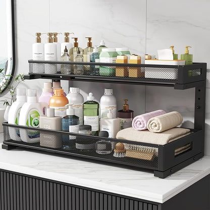 1 Pack 20.47IN Depth Under Sink Storage Organizer, Large 2-Tier Elegant Mesh Pull Out Shelf for Kitchen and Bathroom Cabinet Organization, L-Shaped and Adjustable Height Design-Black