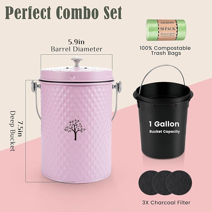 AOSION Countertop Compost Bin Kitchen，Odorless Indoor Compost Bin with Lid and Compost Bags,Compost Bucket Composter Container for Food Waste,Pink