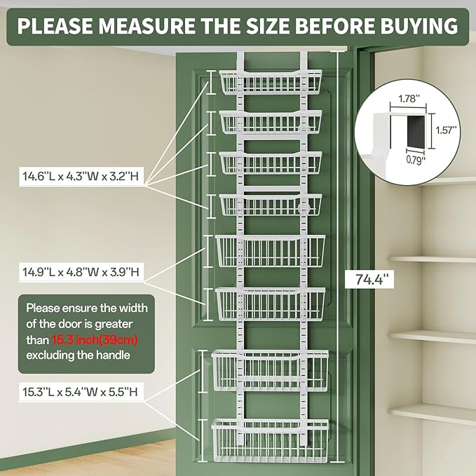 Over The Door Organizer，8-Tier Over The Door Pantry Organizer with Adjustable Baskets，Metal Hanging Pantry Organizers and Storage for Kitchen, Back of Door Seasoning Rack (White)
