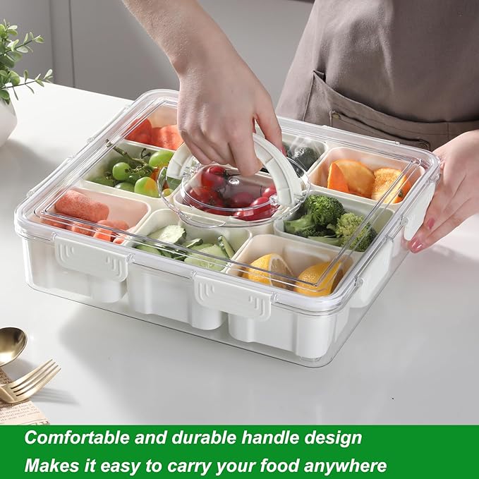 Taiuloo Divided Serving Tray with Lid & Handle, Airtight 9 Compartment Snackle Box Charcuterie Container, Fridge Organizer Bins, Food Storage Container Veggie Tray for Snack, Fruit, Candy, Nuts