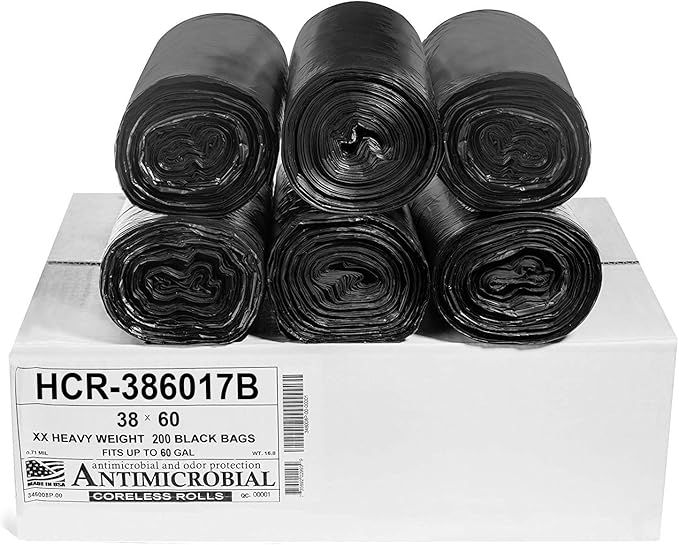 Aluf Plastics High Density Trash Bags, 60 Gallon, 200 Count, 17 Micron (eq), 38" x 60", Black, for Bathroom, Office, Industrial, Commercial, Janitorial, Municipal, Recycling