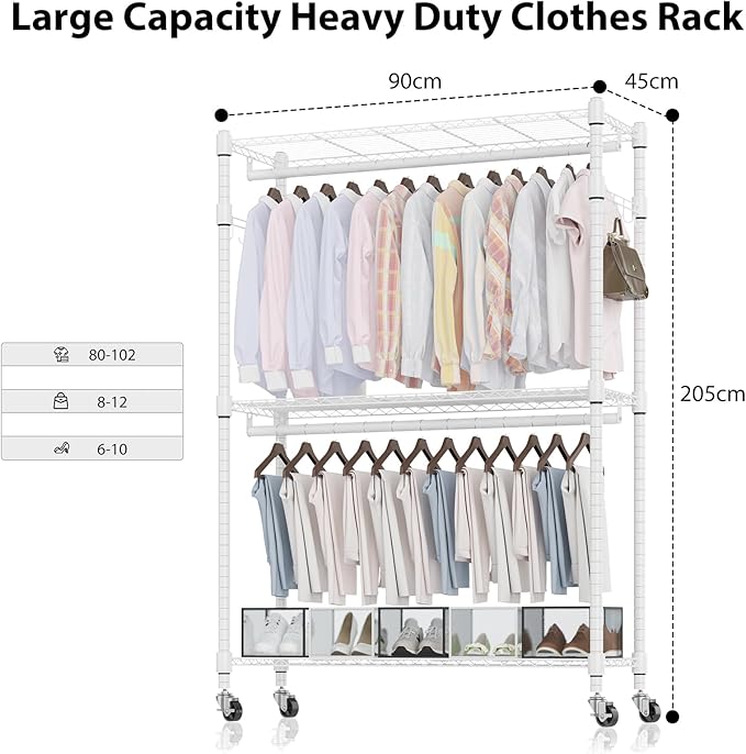 Homdox 3 Tier Heavy Duty Garment Rack with Wheels, Adjustable Wire Clothes Rack with Double Hanging Rods, Portable Closets for Hanging Clothes with Side Hooks, White