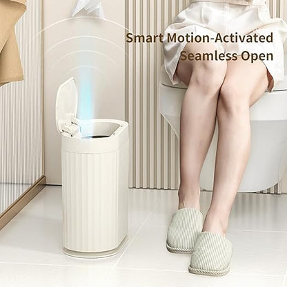 MRBIN Small Trash Can for Bathroom, Automatic Touch Less Garbage Bin with Lid, 2 Gallon Plastic Slim Waste Basket for Office and Kitchen, Electric Motion Sensor Bedroom Bin, Cream White