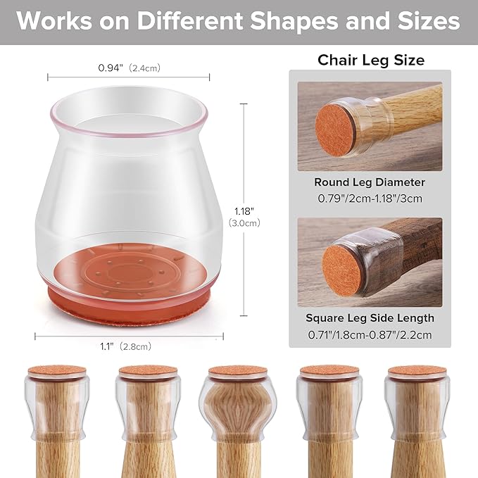 24PCS Upgraded Silicone Chair Leg Floor Protectors for Hardwood Floors, Furniture Sliders for Chair Legs, Felt Bottom Furniture Pads, Anti-Slip Round&Square Cap Covers to Scratch and Reduce Noise