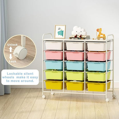 15 Drawers Rolling Cart With Wheels, Plastic Storage Drawer With Metal Frame, Multipurpose Art Craft Organizer, Utility Cart for Home, Office, School, Multicolor