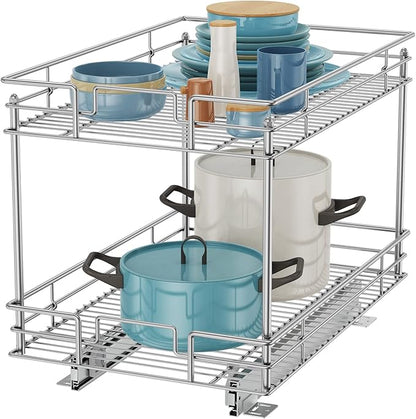 ROOMTEC Pull Out Cabinet Organizer, Kitchen Cabinet Organizer and Storage 2-Tier Cabinet Pull Out Shelves for Kitchen,Under Sink Organizers and Storage 14" W x 21" D Chrome