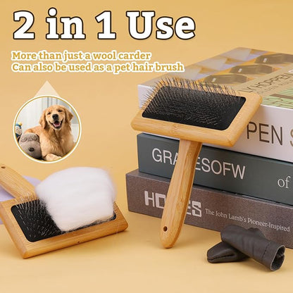 2 Pcs Large Wooden Wool Carders, Needle Felting Carding Brushes Tools with Finger Cots, Wool Needle Felting Brushes for Wool Felting, Spinning Crafts, Pet Grooming