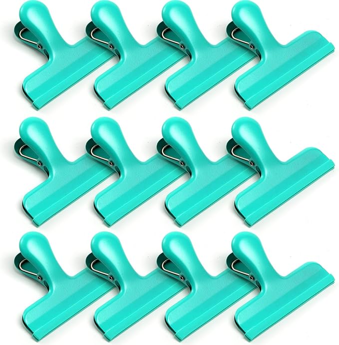 HOUSE AGAIN Chip Clips, 12 Pack Stainless Steel Chip Bag Clips Covered with Silicone, NO More Sharp Edges, Bag Clip for Food Packages, Heavy Duty for Kitchen and Office, Green