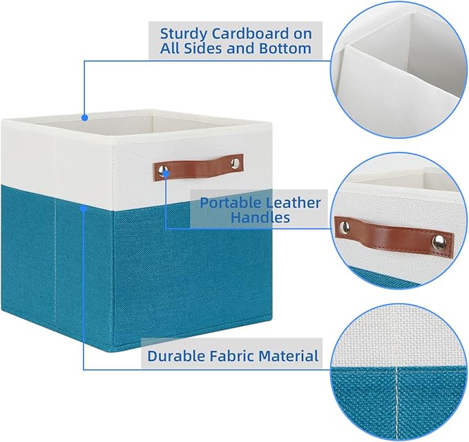 Temary Storage Cube Bins 11 Cube Storage Bins Storage Baskets for Closet, Shelves 4 Pack Fabric Organizer Bins with Leather Handles(White&Teal)