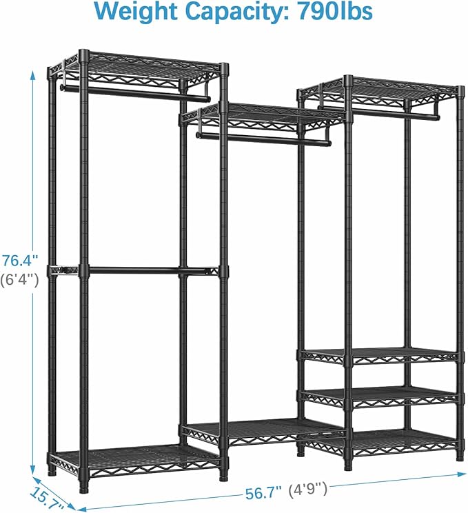 VIPEK V5 Medium Portable Closet Wardrobe Heavy Duty Clothes Rack, Freestanding Closet Metal Clothing Rack with 4 Hang Rods & 8 Shelves, Adjustable Custom Closet Rack, 56.7" Lx15.7 Wx76.4 H, Black