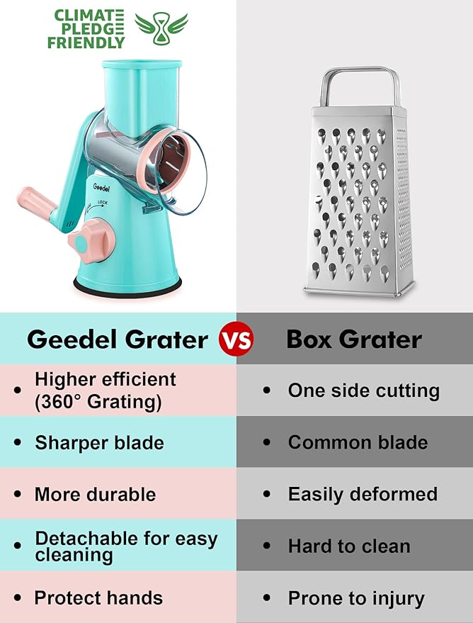 Geedel Rotary Cheese Grater, Kitchen Mandoline Vegetable Slicer with 3 Interchangeable Blades, Easy to Clean Rotary Grater Slicer for Fruit, Vegetables, Nuts