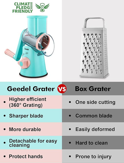 Geedel Rotary Cheese Grater, Kitchen Mandoline Vegetable Slicer with 3 Interchangeable Blades, Easy to Clean Rotary Grater Slicer for Fruit, Vegetables, Nuts