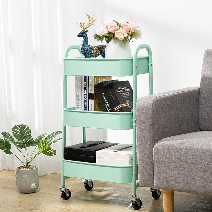 AGTEK Makeup Cart, Movable Rolling Organizer Cart, Macaron Blue 3 Tier Metal Utility Cart
