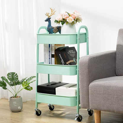 AGTEK Makeup Cart, Movable Rolling Organizer Cart, Macaron Blue 3 Tier Metal Utility Cart