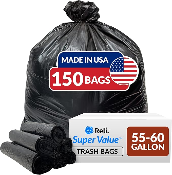 Reli. 55-60 Gallon Trash Bags Heavy Duty | 150 Count | 50-60 Gallon | Large Black Garbage Bags | Made in USA