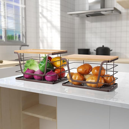 ALOCEO 2 Pack Large Pantry Baskets with Bamboo Lip, Stainless Steel Garbage Bag Holder Dispenser Countertop Storage, Stackable Kitchen Storage Bins for Fruit Onion Potato Vegetable, Brown