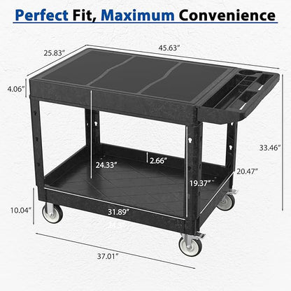 Heavy Duty Flat Top Utility Cart with Wheels 2-Tier Utility Plastic Service Work Cart for Shop, Garage, Warehouse, Maintenance 550 lbs