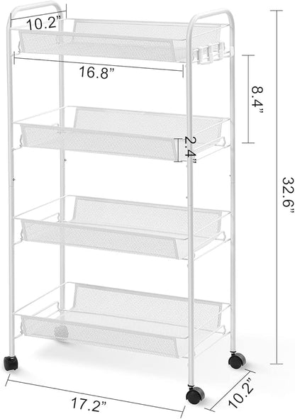 TOOLF 4-Tier Rolling Cart, Metal Utility Cart with 3 Hooks, Easy Assemble Mobile Storage Trolley On Wheels, Metal Shelving Units Kitchen Bathroom Laundry Room
