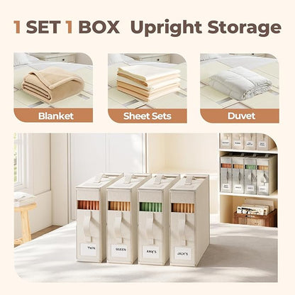 8Pack Linen Sheet Organizers for Linen Closet - King/Queen Size Bedding Storage Boxes with Clear Window | Foldable, Dustproof Sheet Storage Organizer for Blankets & Sheet Sets,Off-white