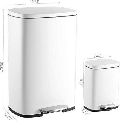 happimess HPM1006C Connor Rectangular Trash Can with Soft-Close Lid and Free Mini Trash Can, Modern Fingerprint Proof for Home, Kitchen, Office, Large:12.98 Gallon Small:1.3 Gallon, White