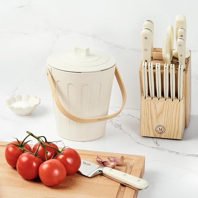 Martha Stewart Indoor Compost Bin | Countertop Composting Bucket for Kitchen | .7 Gallon Capacity | Includes Filter | Plant Based Materials | Linen White