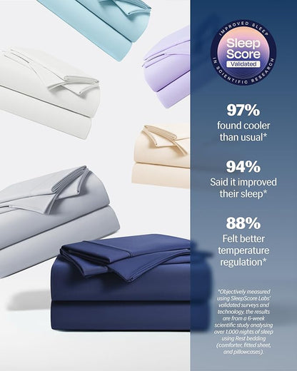 REST® Evercool®+ Starter Sheet Set, Full Size, Blue, Breathable Bed Sheet for Hot Sleeper and Night Sweats, with Pillowcases, Ionic+ Self-Cleaning Silver Yarn for Sensitive Skin, 3PCS No Flat Sheet