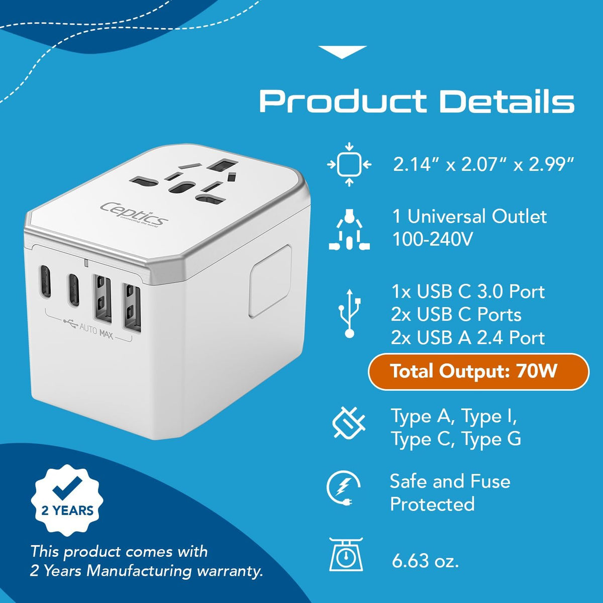 Ceptics 6 in 1 Universal Travel Adapter with PD 70W USB-C and 2X USB-A and 2X USB-C 3A, Universal Charger with QC 3.0 for US/EU/UK/AU, Universal Power Adapter with Type I C G A Outlets