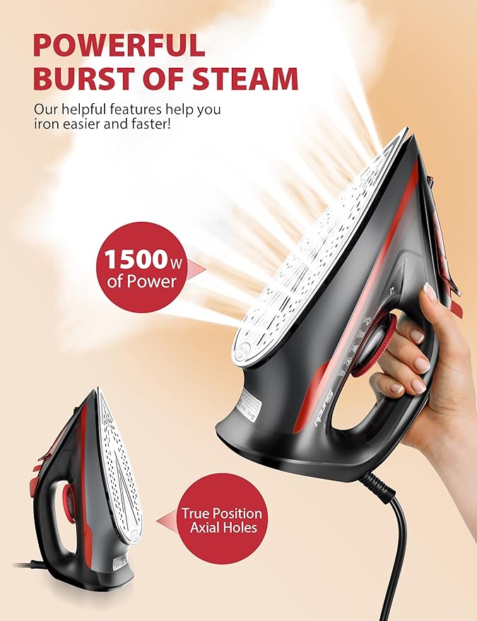 Burst steam Iron for Clothes, Automatic Shutoff, Light Weight, 1500W Iron with Non-Stick Ceramic Soleplate, 3-Way Auto-Off, Rapid Heating, Self-Cleaning, 15.21oz Water Tank Ironing Clothes for Home