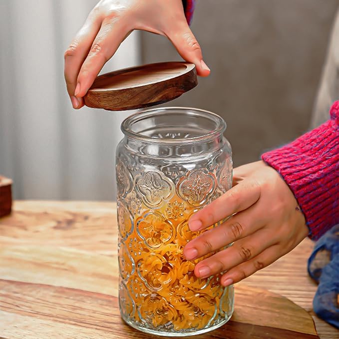34 OZ/2 PCS Glass Storage Jar with Airtight Bamboo Wooden Lids, Vintage Food Containers Canisters Sets for Kitchen Counter Pantry, Sugar, Flour, Candy, Tea, Coffee Beans, Oats, Grain Bin, Pasta,