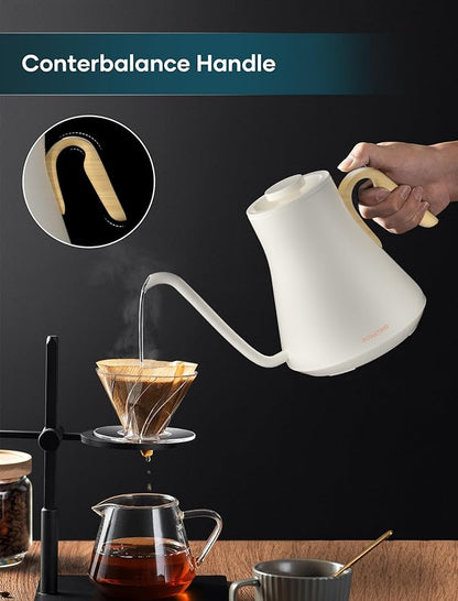 Electric Kettle, Gooseneck Electric Kettle, ±1℉ Precise Temperature Control, Stainless Steel Interior, Quick Heating for Pour Over Coffee, Tea & Boiling Water, 0.9L (White)