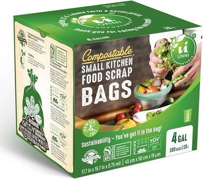 UNNI Compostable Trash Bags, 4 Gallon / 15 Liter, 200 Count, Extra Thick 0.75 mil Small Kitchen Food Scrap Bin Liners, BPI, CMA & OK compost HOME Certified (Meets ASTM D6400)
