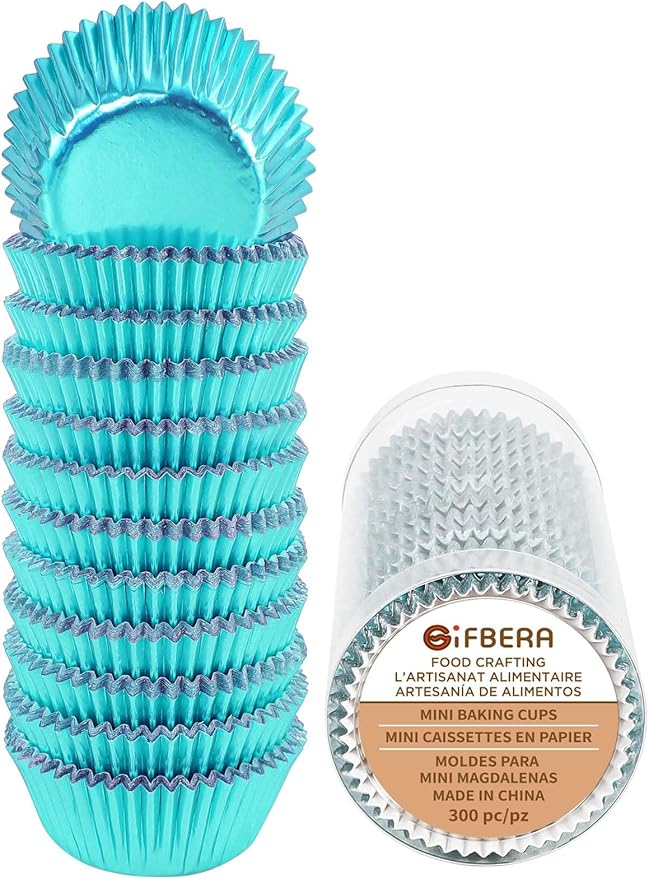 Gifbera 300-Count Mini Foil Cupcake Liners Metallic Muffin Liners Baking Cups, Aqua